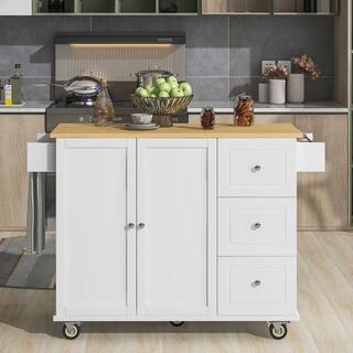 Aoibox White Rolling Kitchen Island wSolid Wood Top and Locking Wheels Storage Cabinet Spice Rack Towel Rack and Drawers SNMX712