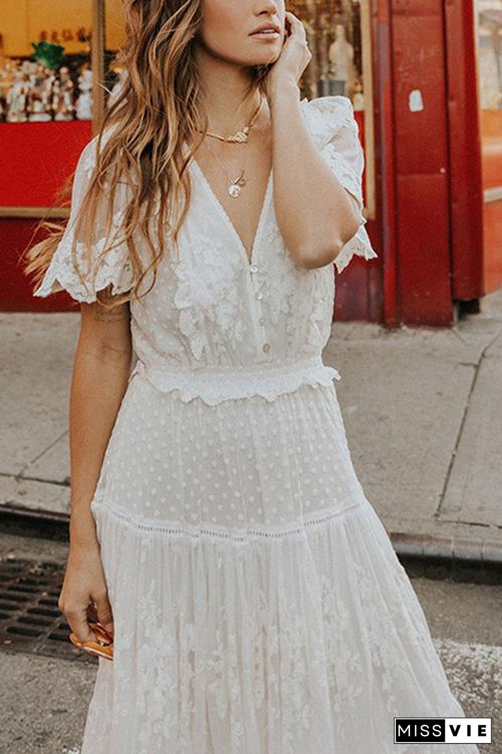 Button Lace V Neck Short Sleeve Maxi Dress