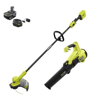 RYOBI ONE+ HP 18V Brushless Cordless Battery String Trimmer  Leaf Blower w Extra 3-Pack of Spools 4.0 Ah Battery  Charger P20121-AC