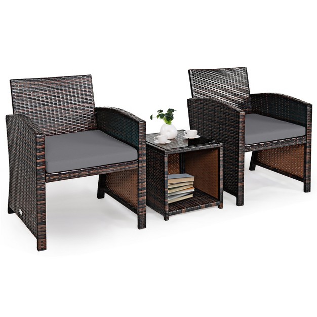 Tangkula 3 Pcs Patio Rattan Furniture Set Conversation Chair Set With Soft Cushion amp Coffee Table For Backyard Poolside Garden Gray