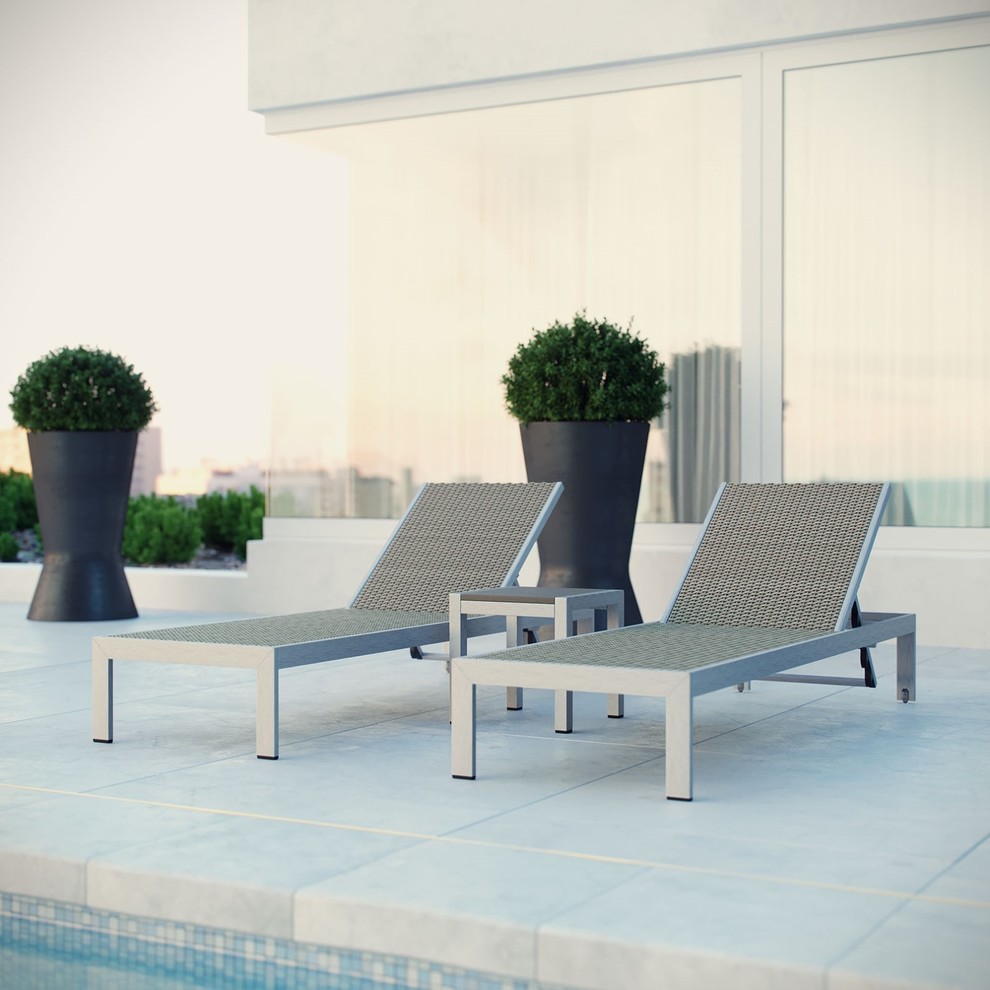 Modern Urban Outdoor Patio 3 pc Chaise Lounge Chair Set  Gray Gray  Aluminum   Contemporary   Outdoor Lounge Sets   by House Bound  Houzz