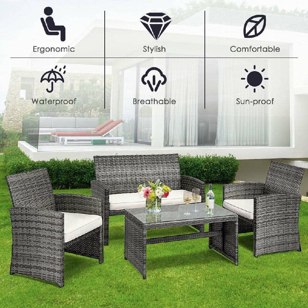 Costway Mix Gray 4-Piece Rattan Wicker Patio Conversation Set with Beige White Cushions Garden Lawn Furniture HW50276