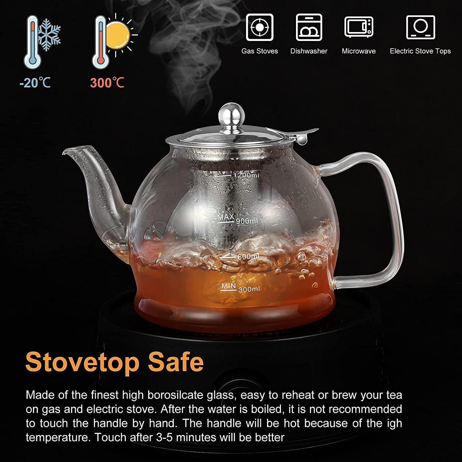 MINO ANT Tea Set ¨C 1200ml Glass Teapot with Removable Stainless Steel Infuser, and 4 Glass Teacups, Stovetop Safe Tea Kettle Gift Set, Blooming and Loose Leaf Tea Maker Set