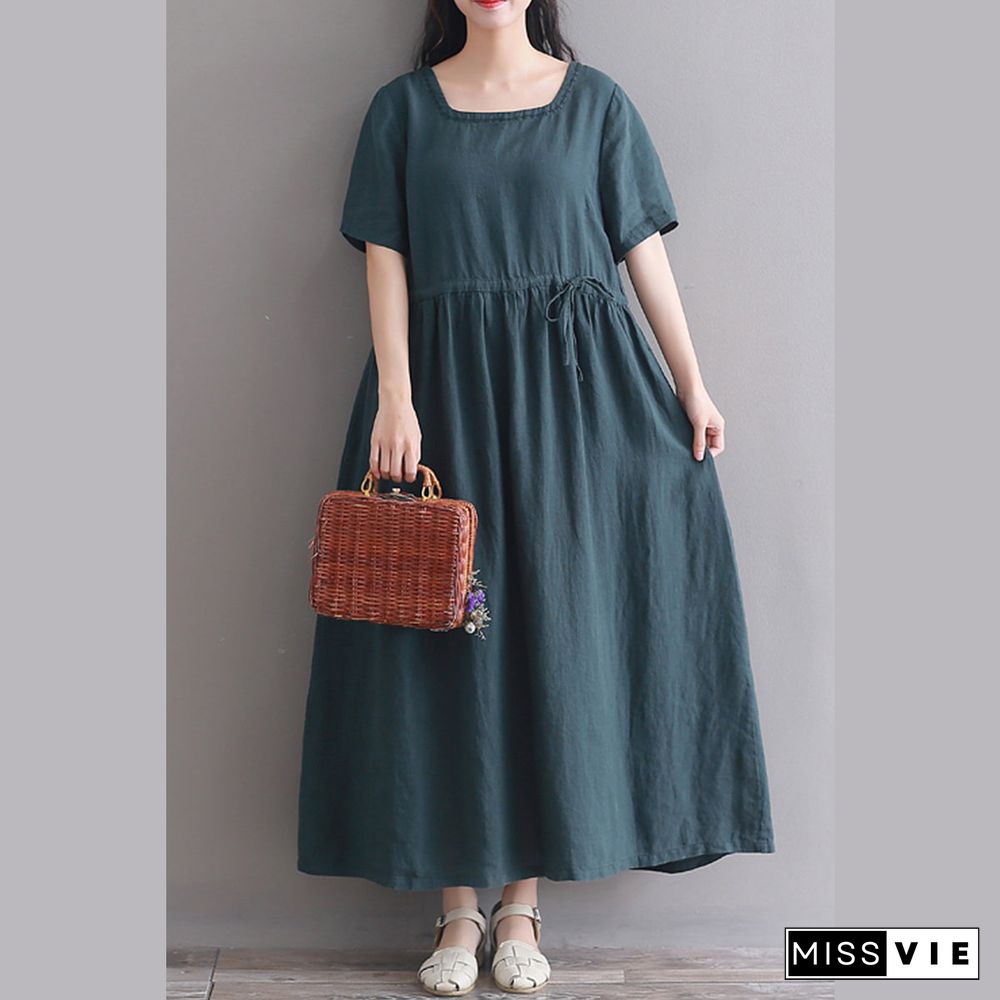 Fine blackish green long linen dresses oversize Square Collar short sleeve linen gown vintage Extra large hem caftans