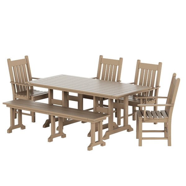 Polytrends Laguna Hdpe All Weather Outdoor Patio Dining Set with Rectangle Table，Arm Chairs and Bench (6Piece Set)