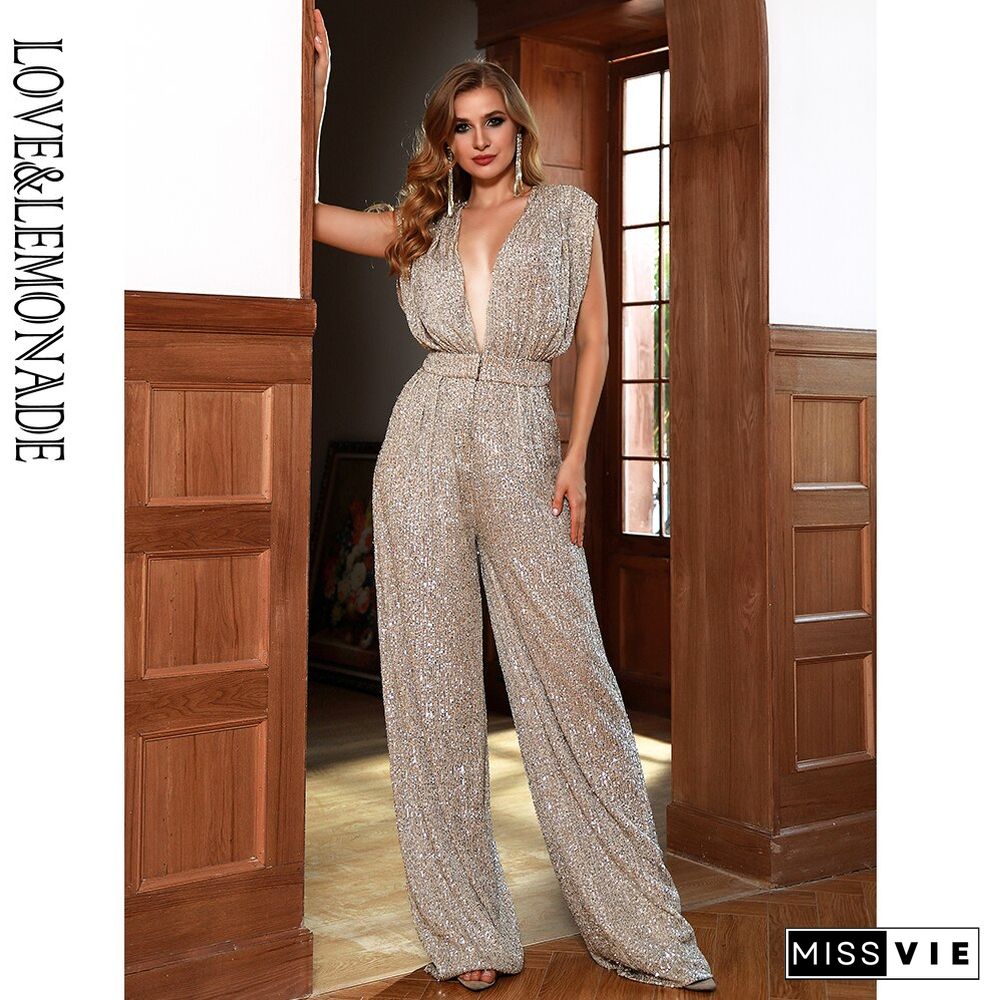 Love&Lemonade Sexy Silver Deep V-Neck Open Back Loose Elastic Sequin Jumpsuit Lm82918-1