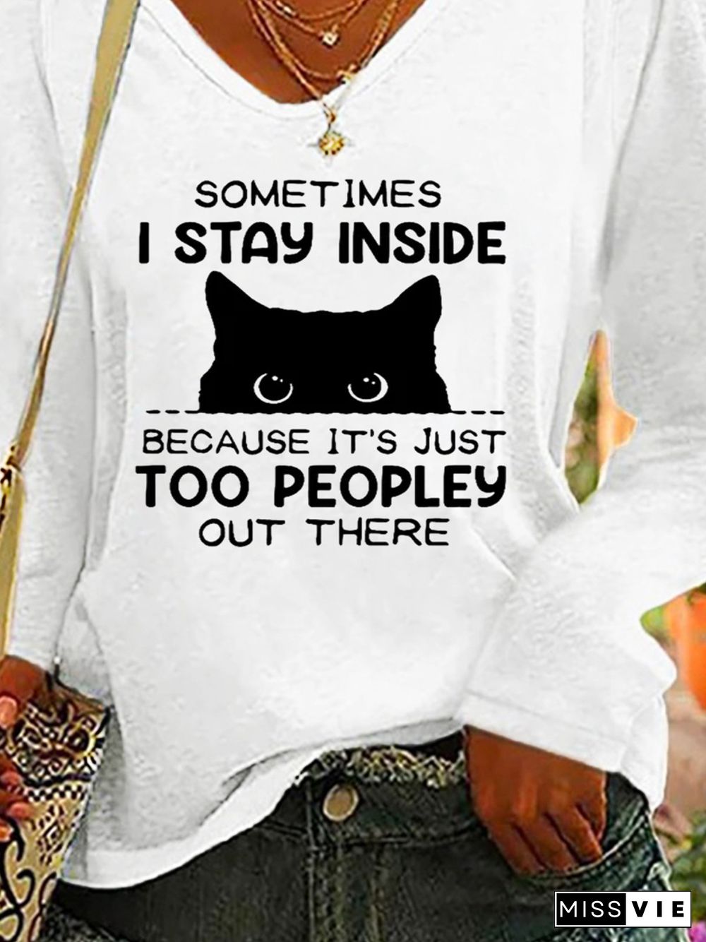 Letters Cat Long Sleeve V Neck Plus Size Casual T-Shirt