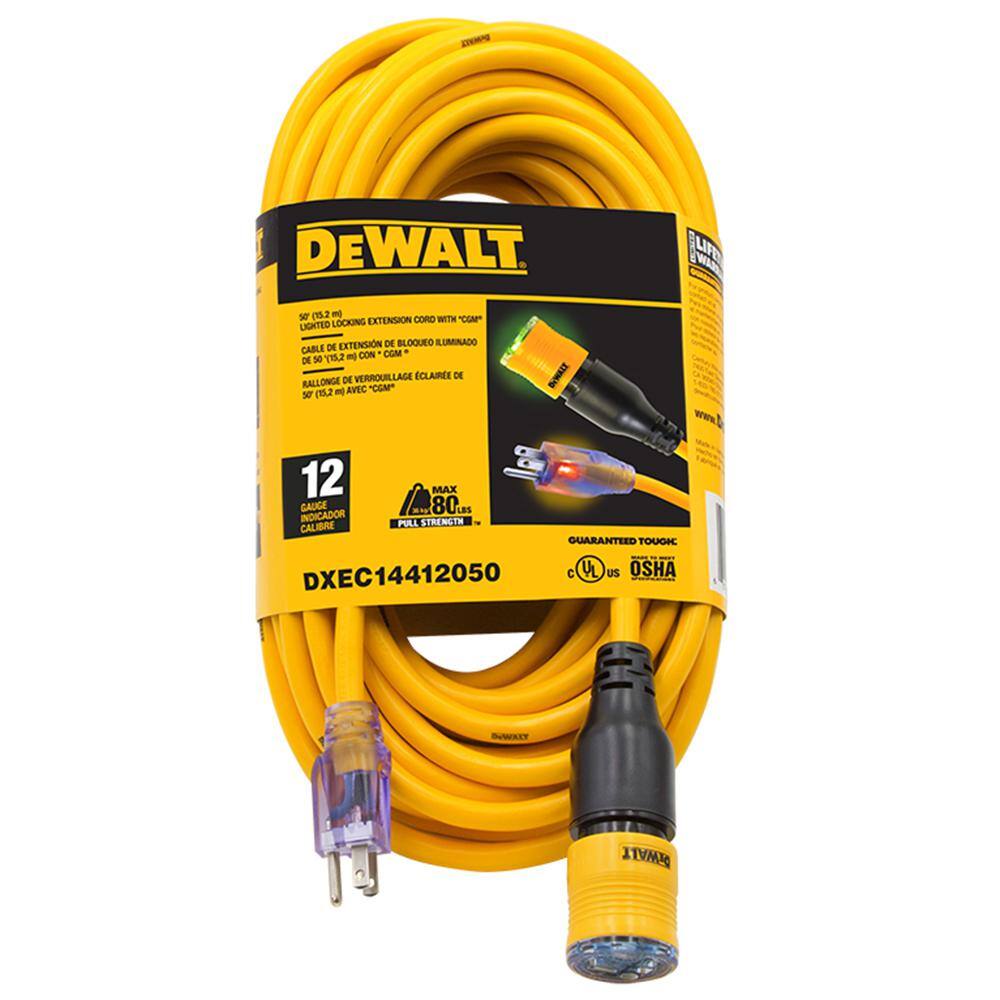 DW 50 ft. 123 SJTW Heavy-Duty Locking Yellow Extension Cord with Dual Lighted Plugs for Power and Ground Continuity DXEC14412050