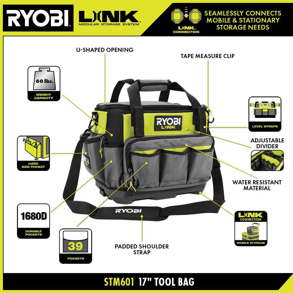 RYOBI LINK 17 in. Tool Bag with Tool Organizer Including Tape Measure Clip and Synching Level Straps STM601