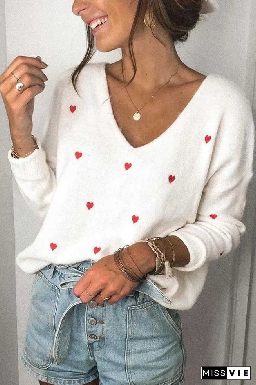 Loose V-Neck Heart-Shaped Knitted Sweater