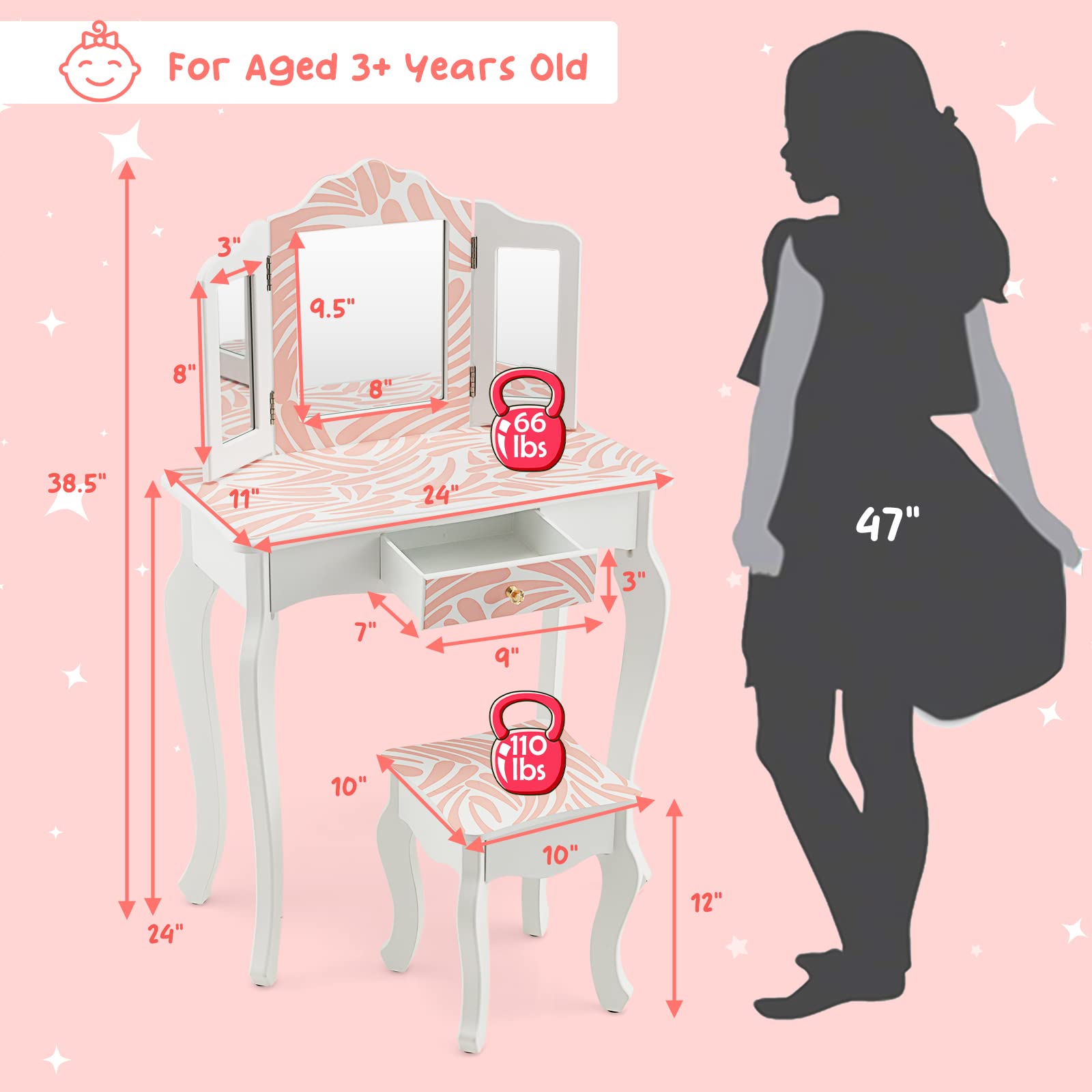 Costzon Kids Vanity Table and Chair Set, Girls Vanity Set with Mirror and Stool, Pretend Play Vanity Set for Little Girls