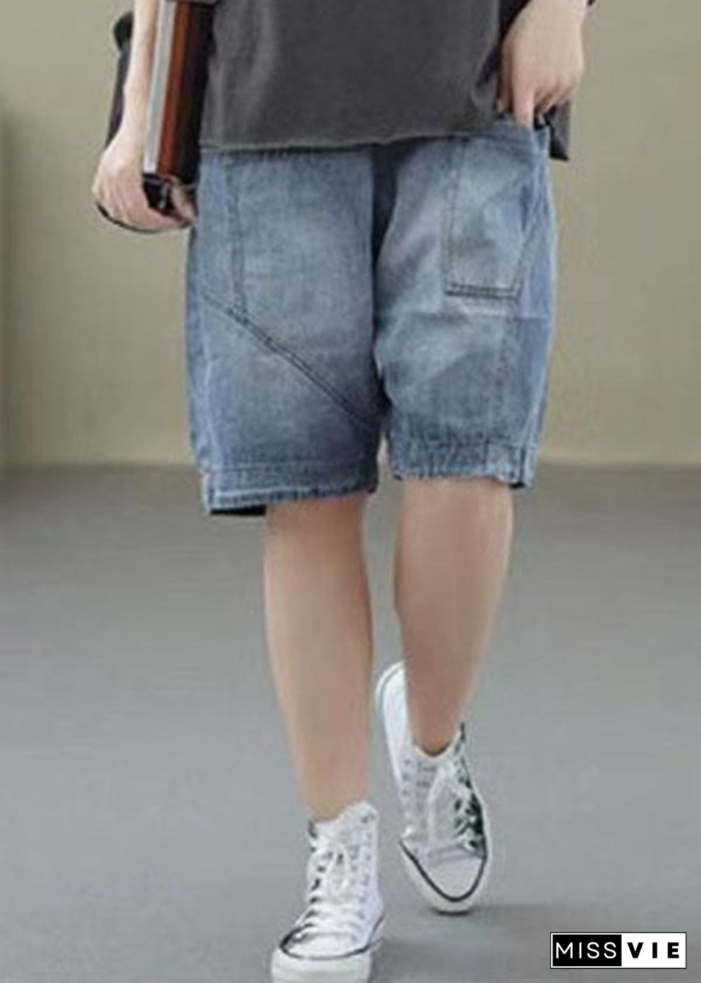 Handmade Denim Light Blue Elastic Waist Pockets Patchwork Cotton Short Pants Summer