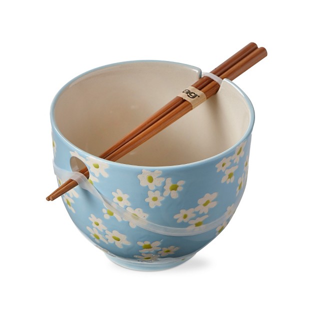 Tagltd 16 Oz Blossom Stoneware Noodle Bowl With Bamboo Chop Sticks 3 9l X 3 9w X 5 0h