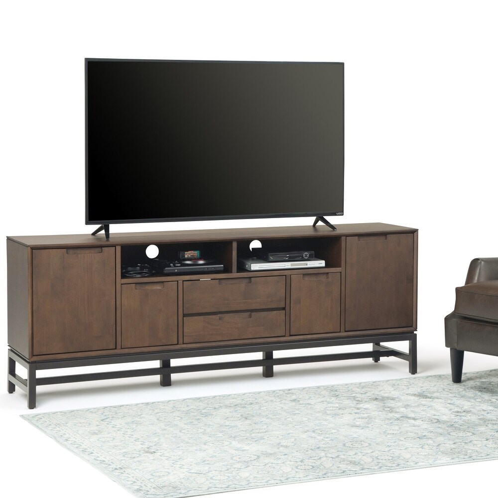 WYNDENHALL Devlin SOLID HARDWOOD 72 inch Wide Industrial TV Media Stand in Walnut Brown For TVs up to 80 inches