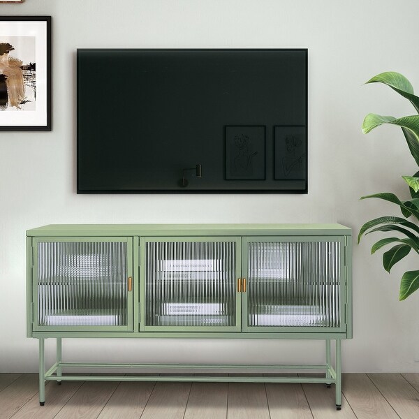 TV Console Stand with Enclosed Storage Cupboard Glass with Wide Countertop Glass Doors Detachable Shelves Bottom