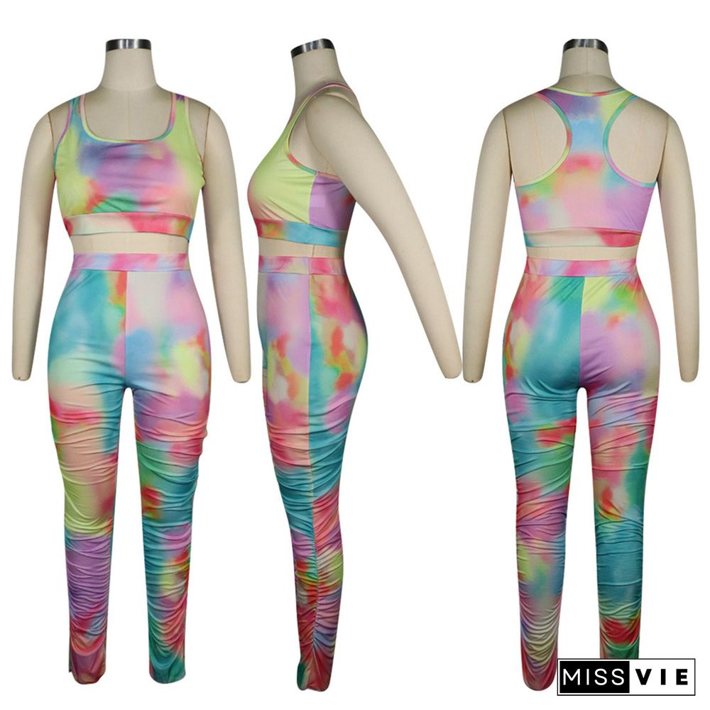 Tie-dye Print Crop Tanks Top and Pleated Pants Sweatsuit