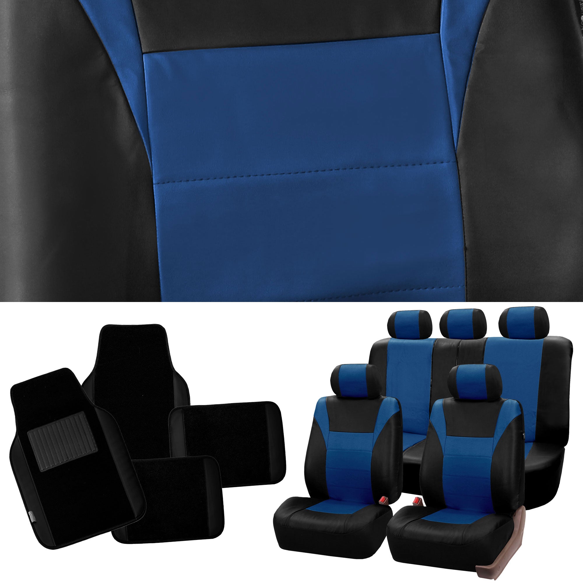 FH Group Racing Faux Leather Airbag Ready Split Bench Car Seat Covers， Full set with Carpet Floor Mats， Blue