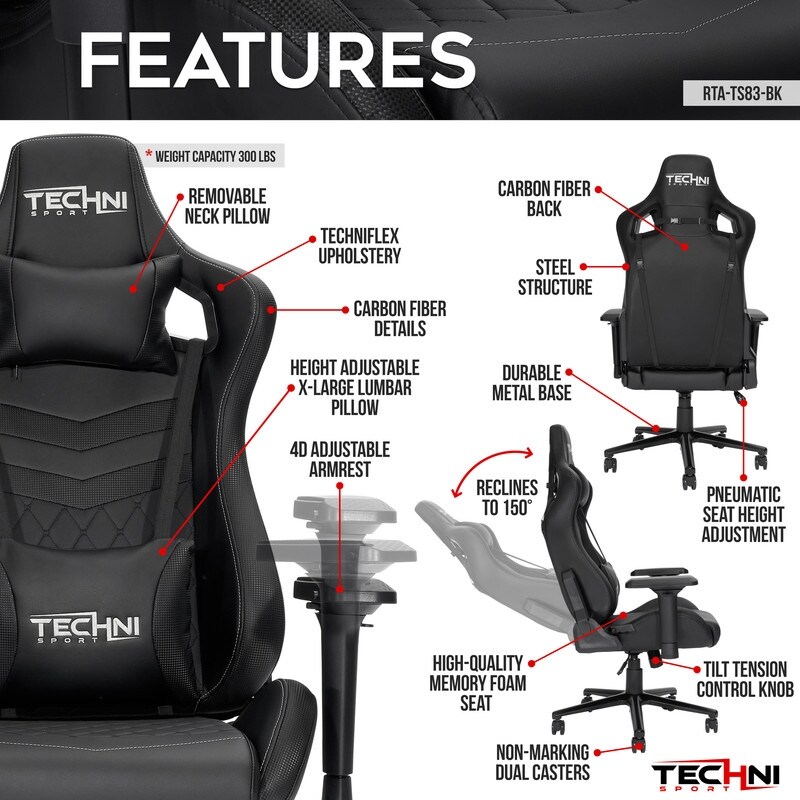 Ergonomic High Back Racer Style PC Gaming Chair  Adjustable Soft Lumbar and Neck Pillows included