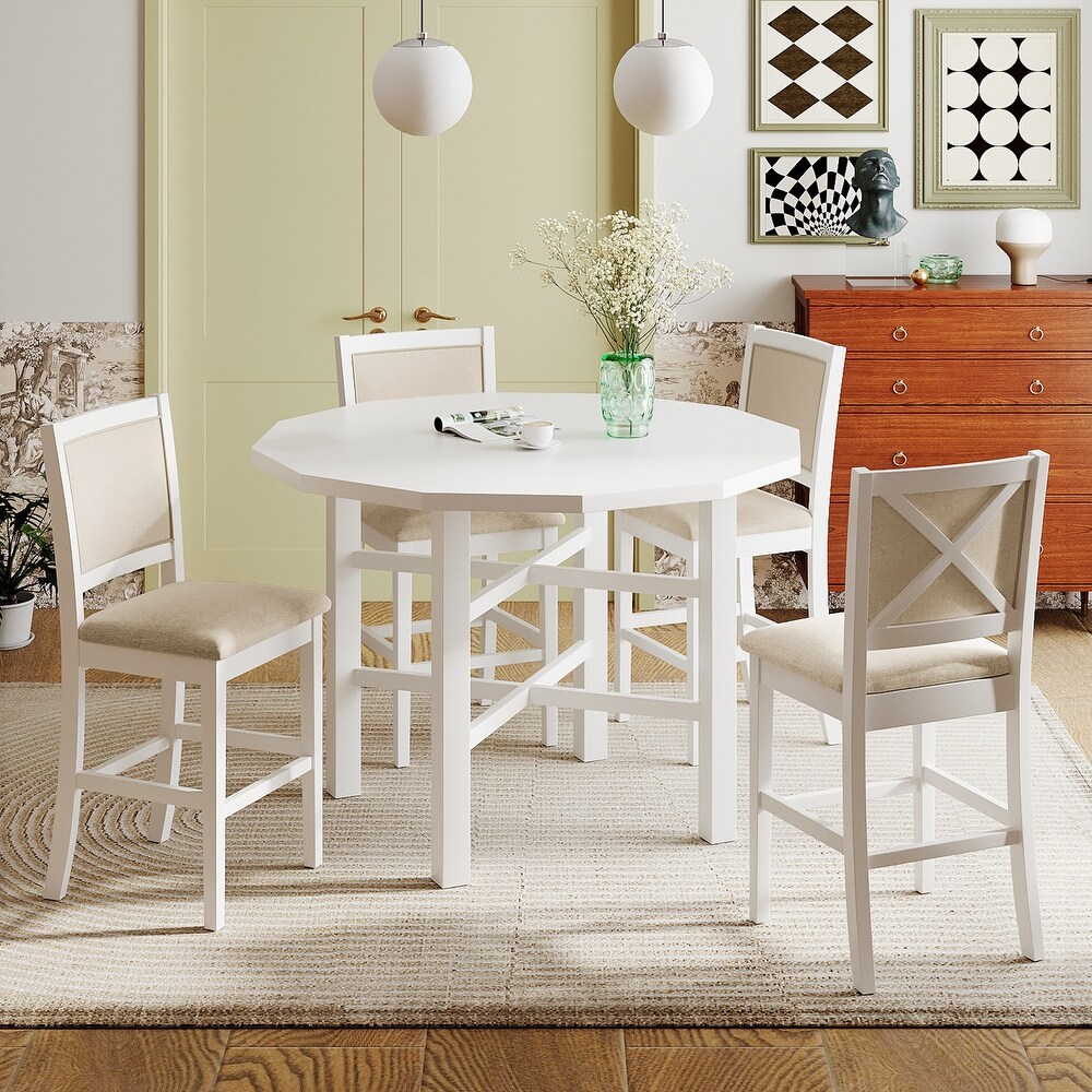 Modern 5 Piece Rubberwood Counter Height Dining Set with Cushioned Dining Chairs and 47\