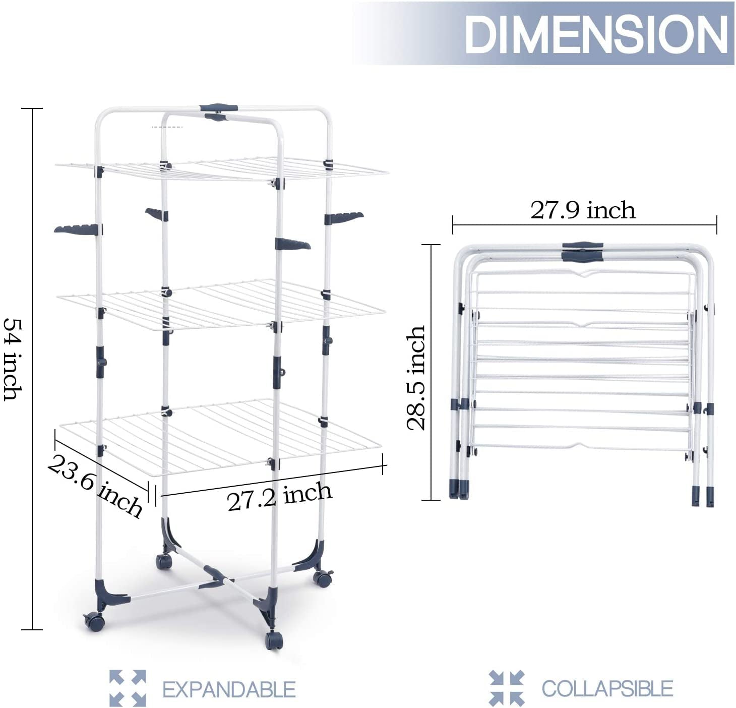 Kingrack Clothes Drying Rack, 3-Tier Folding Indoor Laundry Drying Rack with Wheels 4 Hooks, Metal, White