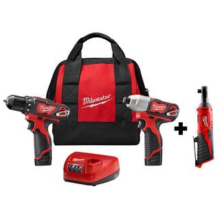 MW M12 12V Lithium-Ion Cordless Drill Driver Impact Driver and Ratchet Combo Kit (3-Tool) 2494-22-2457-20