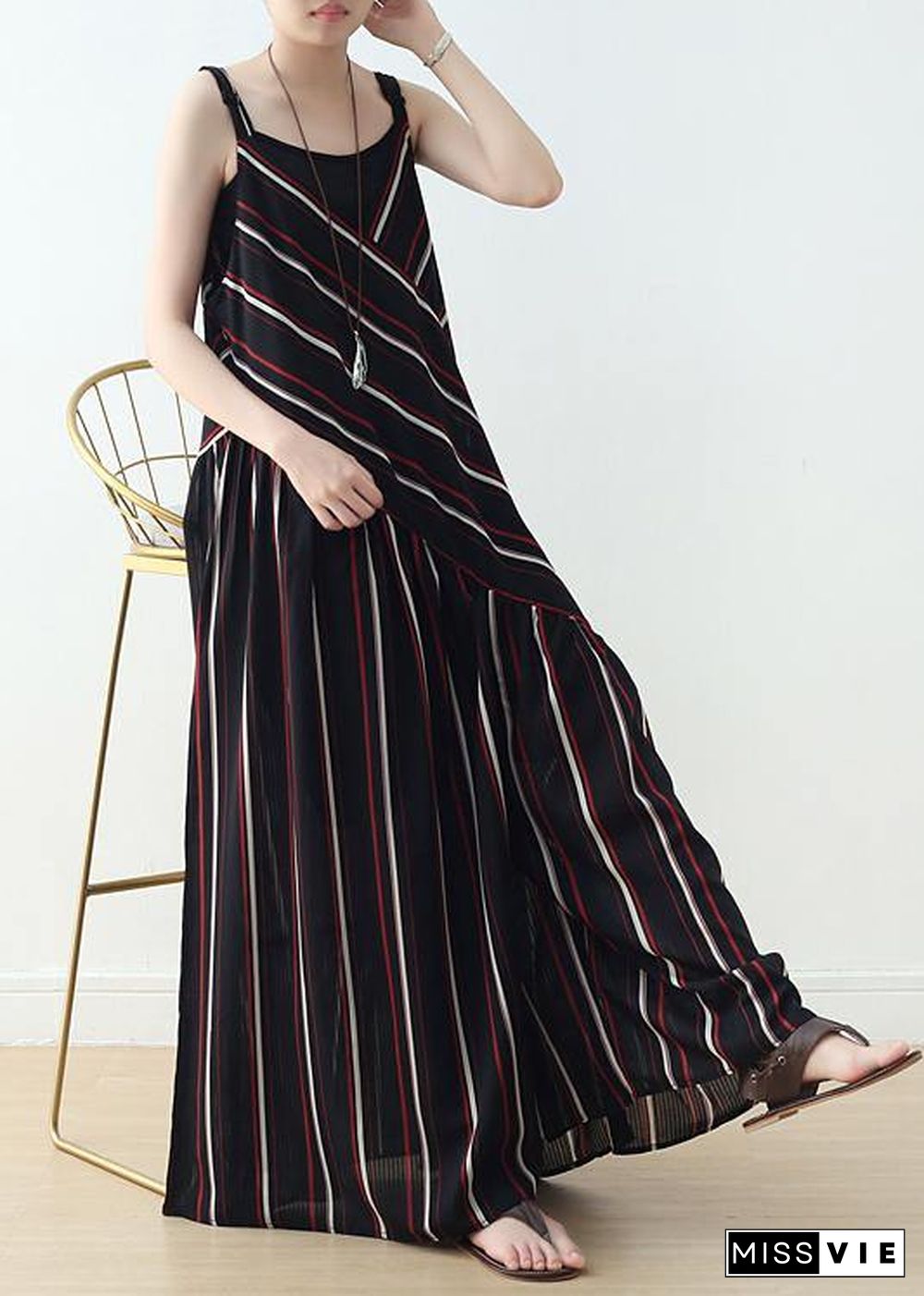 Summer New Sling Large Chiffon Black Striped Jumpsuit