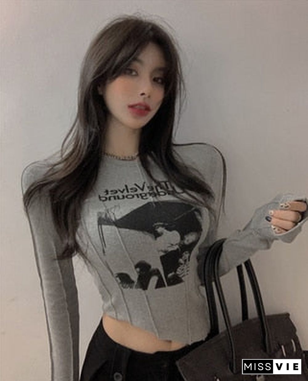 Yedinas Casual Slim T-shirt For Women O Neck Long Sleeve Sexy Crop Top Grunge Letters Print Female Korean Fashion Clothing