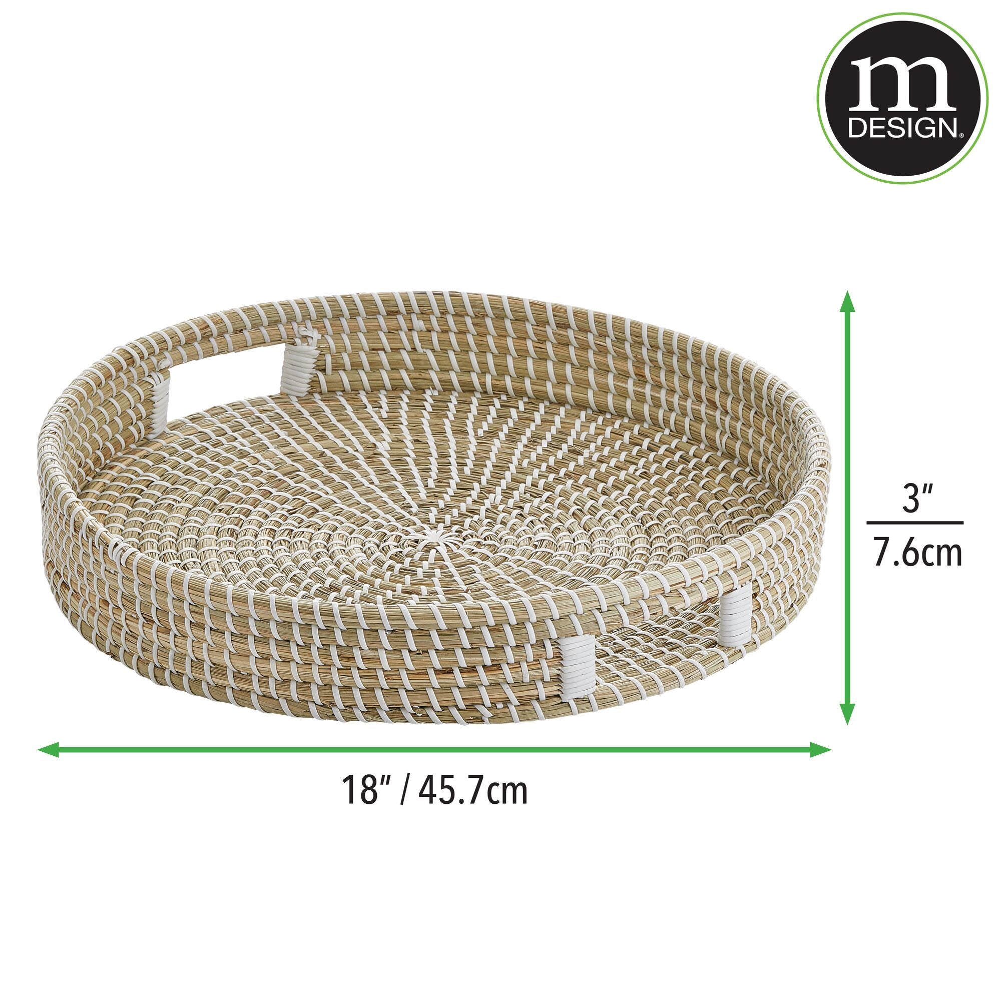 mDesign Seagrass Woven Large Decorative 18 Round Basket Serving Tray w/ Built-In Handles for Kitchen, Coffee Table, Wall Decor, Ottoman; For Storage, Centerpiece Display - Natural/White