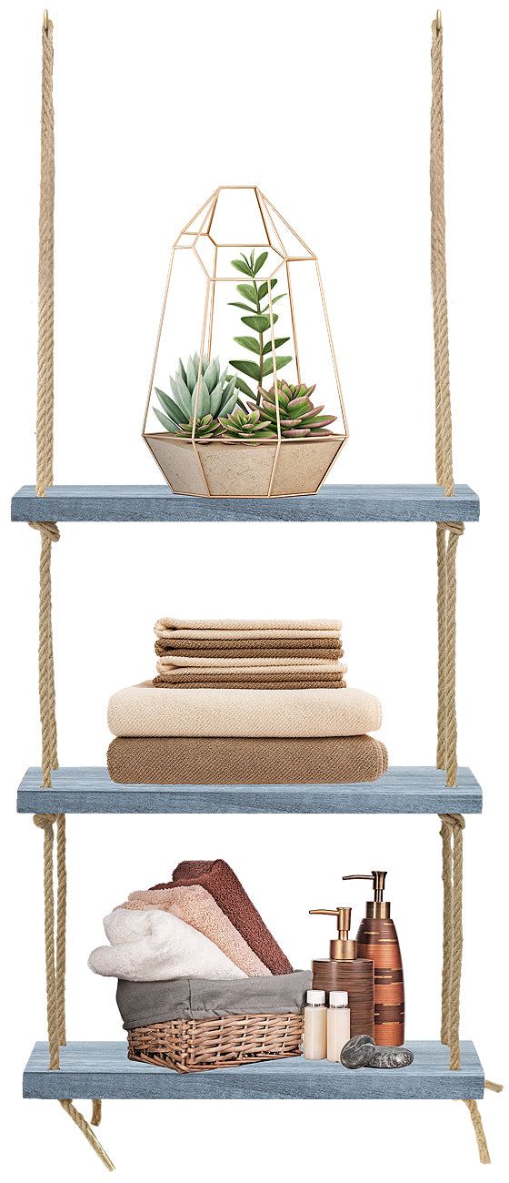 Sorbus 3 Hanging Floating Shelves - Rustic Wood Rope Floating Shelf Set - Grey