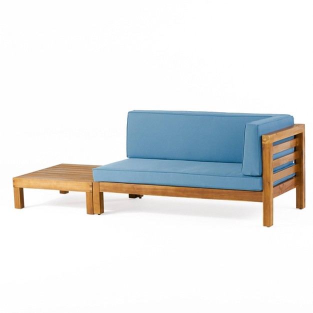 2pk Oana Outdoor Acacia Wood Right Arm Loveseat amp Coffee Table With Cushion Teak blue Christopher Knight Home