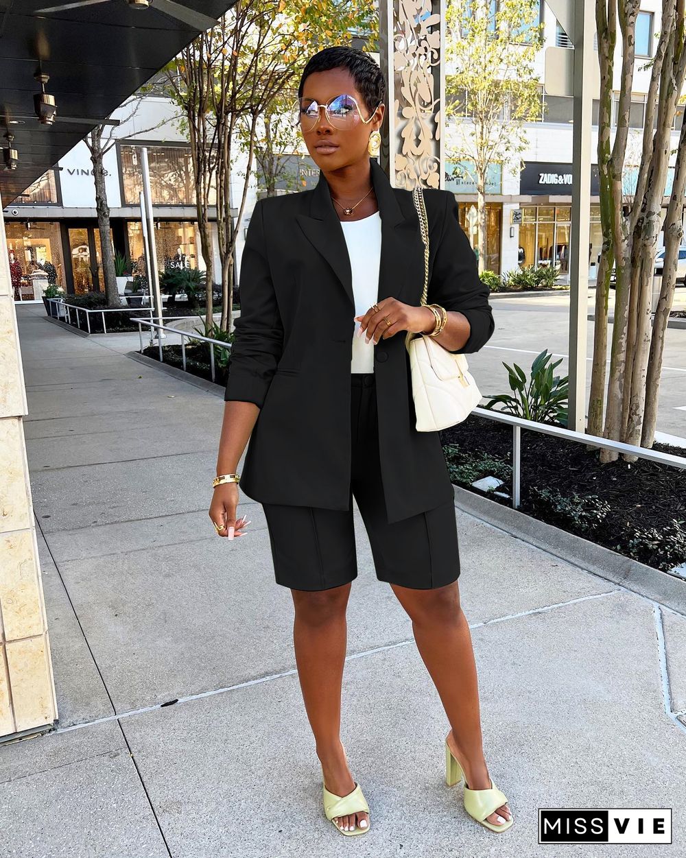 Solid Color Office Lady Blazer Two Piece Shorts Suit