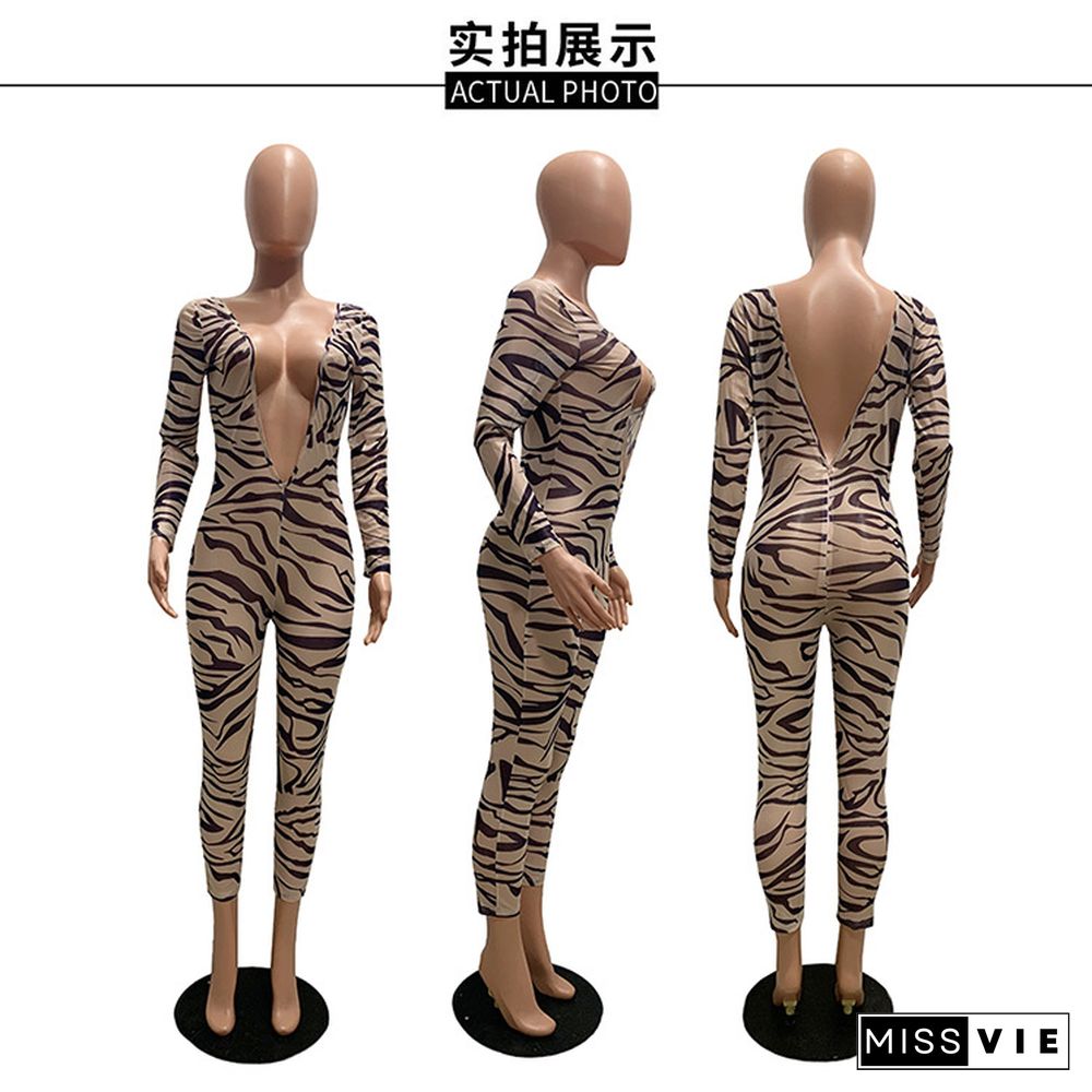 Women's Sexy Leopard Print Hollowed-back V-neck Jumpsuit