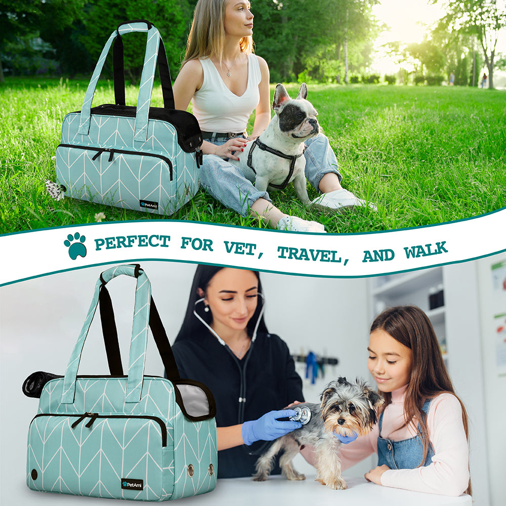 PetAmi Small Dog Purse Carrier， Soft-Sided Pet Carrier Bag Pockets， Portable Medium Dog Puppy Large Cat Travel Handbag Tote， Airline Approved Breathable Mesh， Poop Dispenser， Sherpa Bed， Chevron Teal