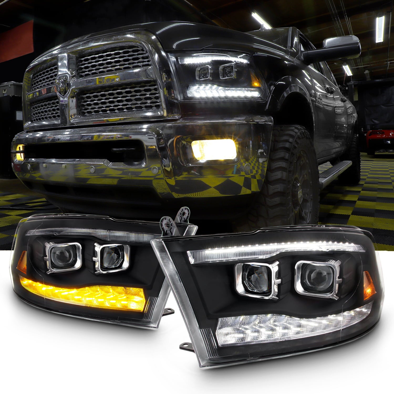 Fit Dodge Ram 09-18 1500 2500 3500 Black LED/DRL Dual Projector Headlights Lamps