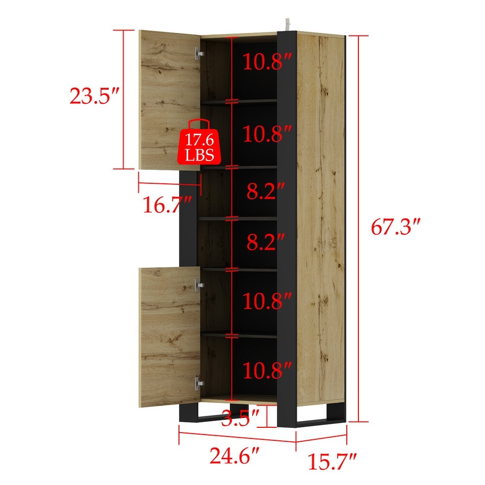 Tall Curio Storage Pantry with 5 Shelves   2 Doors (Wood + Black)   67.3\