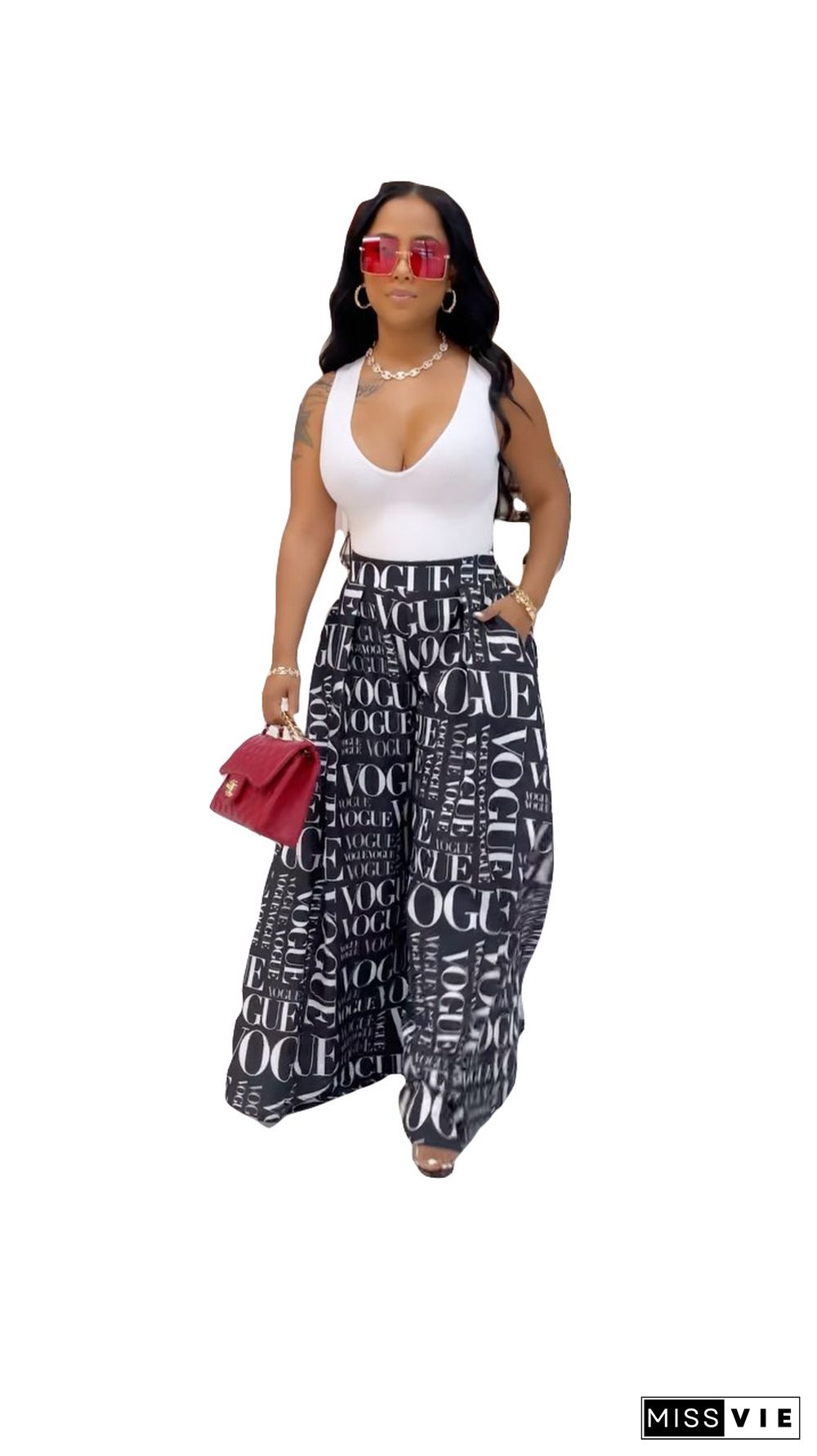 Women Casual High Waist Loose-Fitting Print Wide Leg Pants