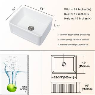 LORDEAR White Fireclay 24 in. Single Bowl Farmhouse Apron Kitchen Sink with Bottom Grid LD-LAW2418R1