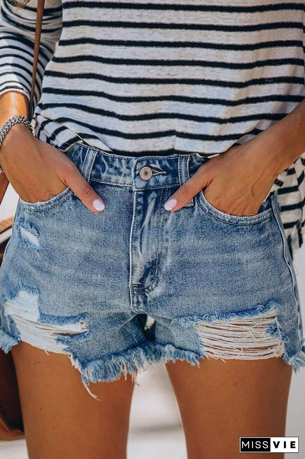 Hole Fringed Denim Casual Shorts