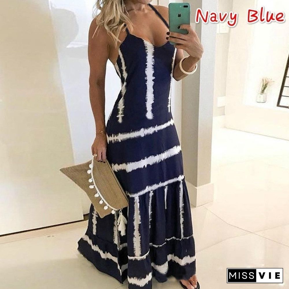 Summer Dress Fashion Clothes Women's Casual Off Shoulder Sleeveless Dress String Strap Halter Party Dress Ladies Deep V-Neck Floral Printed Beach Wear Plus Size Maxi Dress Xs-8Xl