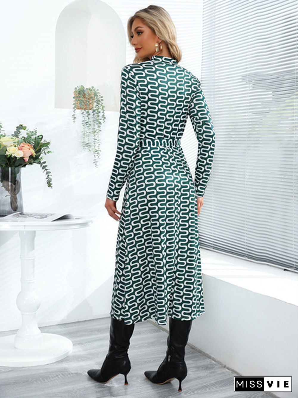 Printed Split Belted Long Sleeve Dress