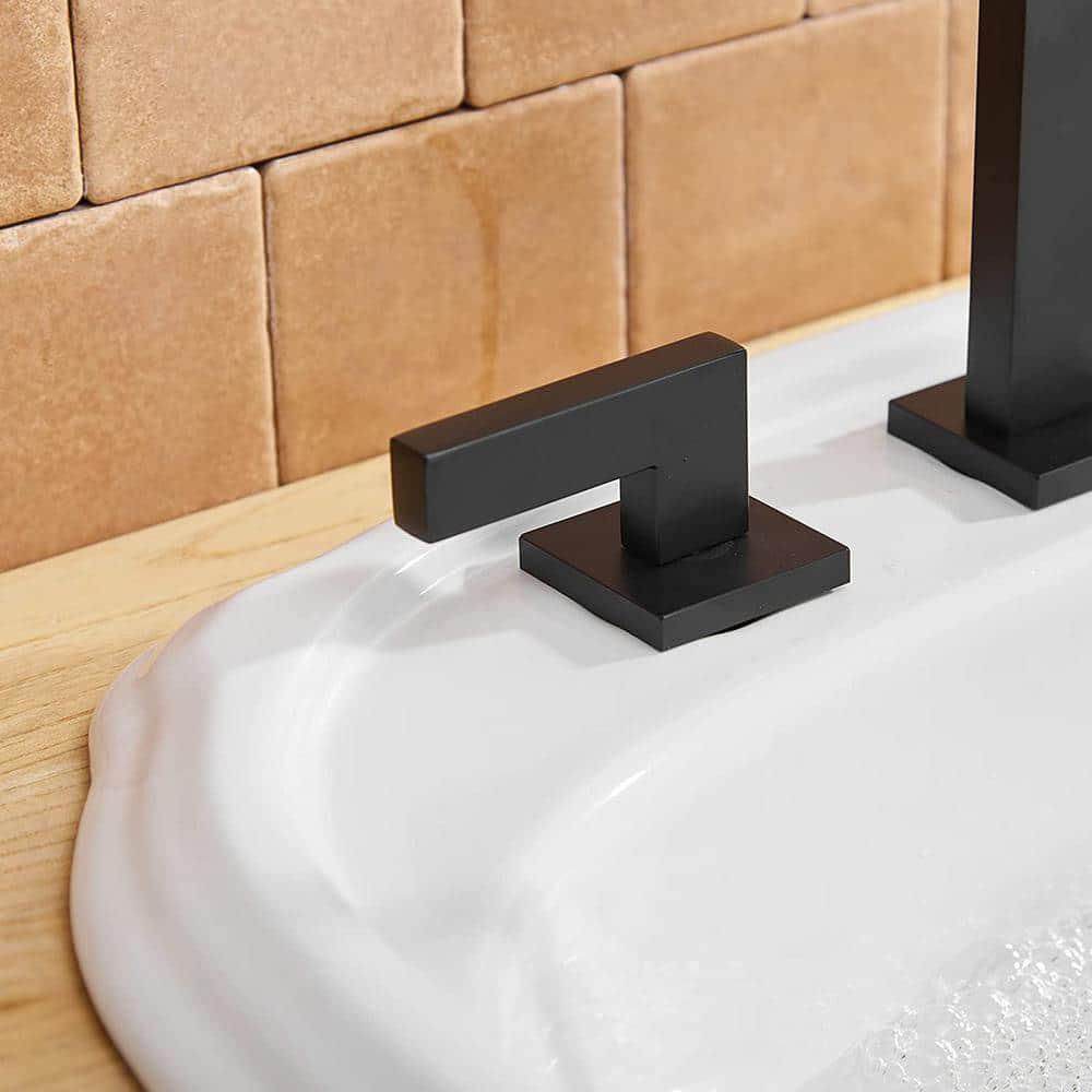 BWE 8 in Widespread Double Handle Bathroom Faucet With Popup Drain Assembly in Matte Black