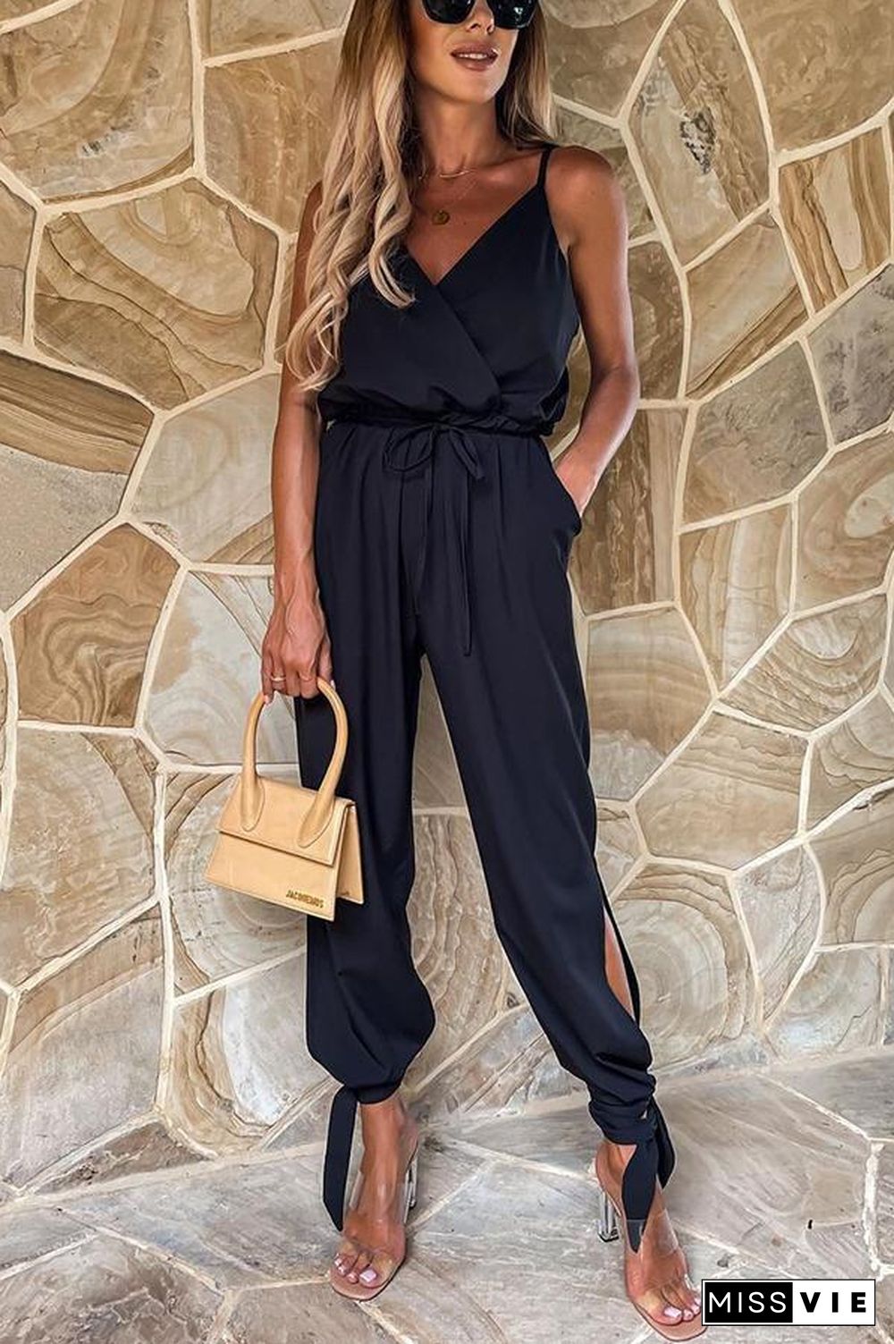 Beyond The Sea Pocketed Satin Wrap Jumpsuit