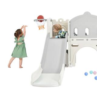 White IndoorOutdoor Kids Climbers Playhouse with Slide and Basketball Hoop LMM00007E