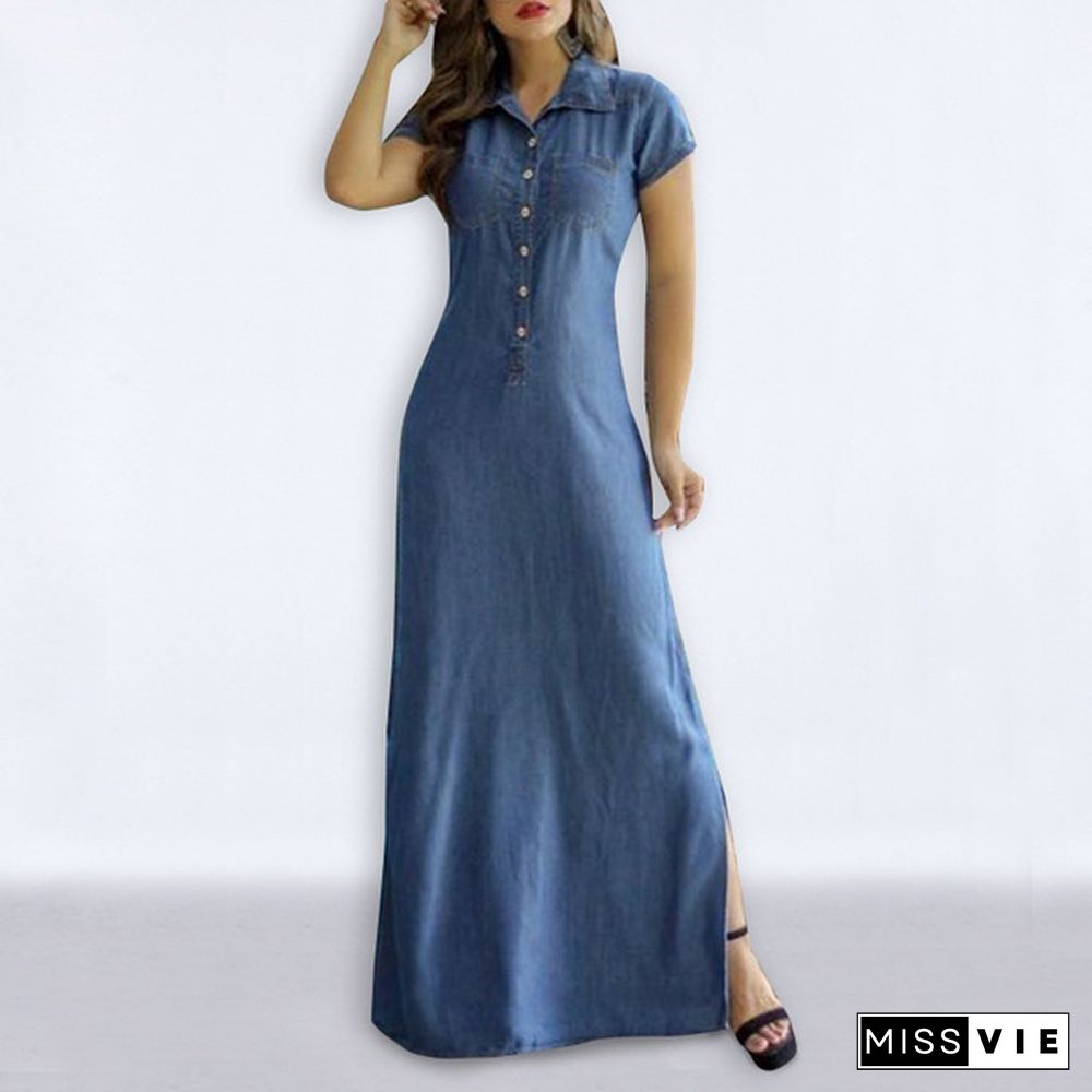 Plus Size Women Short Sleeve Lapel Button Up Denim Shirt Dress Fashion Side Slit Holiday Party Tunic Maxi Dresses Robe Femme