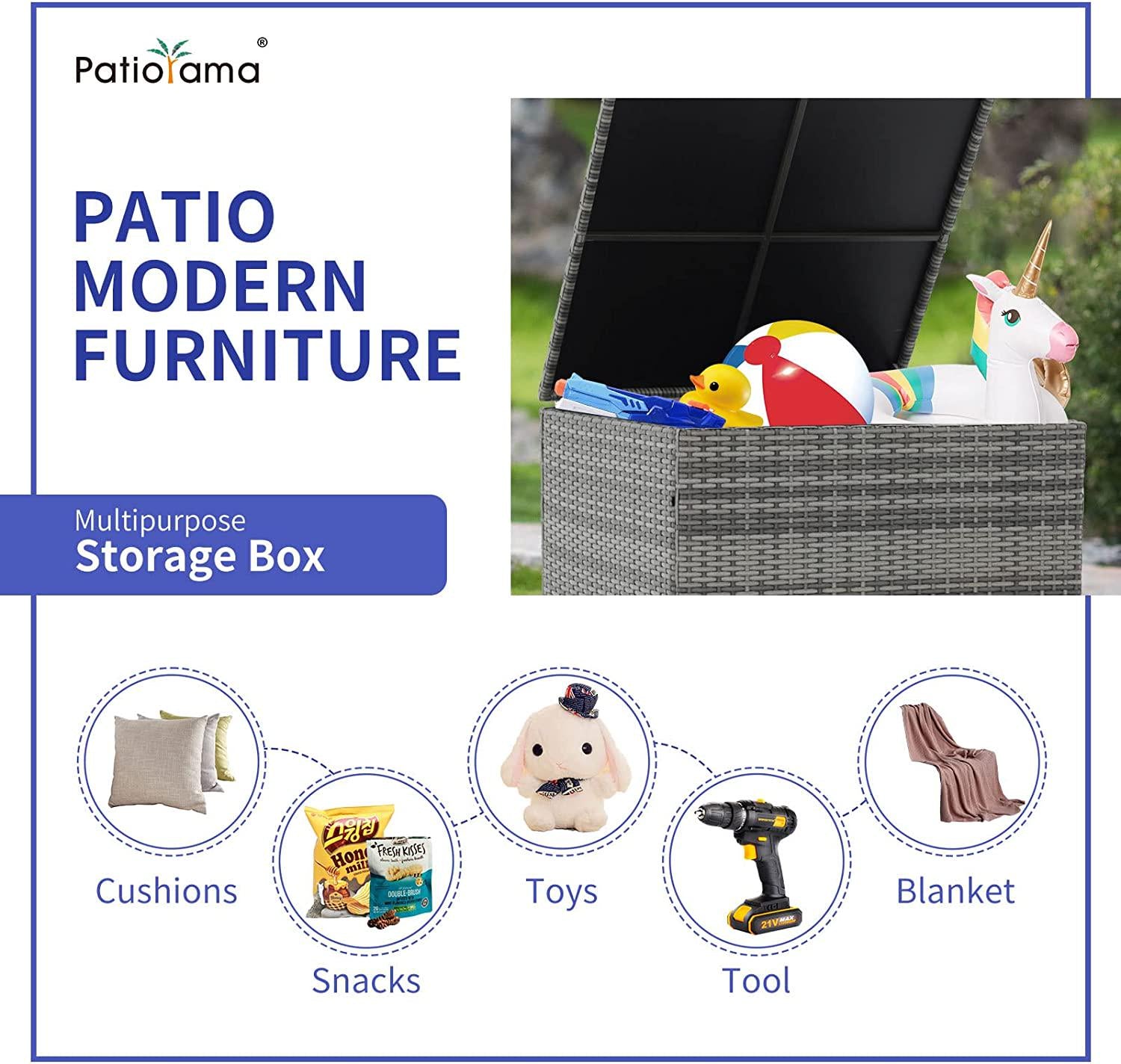 Patiorama 88 Gallon Wicker Deck Box, Indoor/Outdoor Storage Box for Patio Cushions, Gardening Tools and Toys - Resin Rattan Patio Cushion Storage Bin, Grey