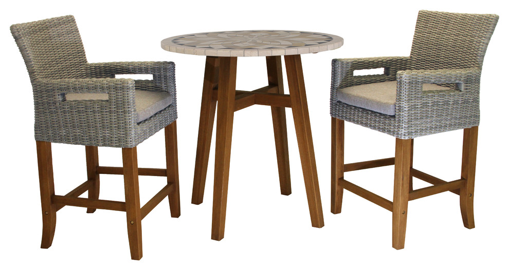 3 Piece Counter Height Marble Table With Light Gray Wicker Chairs Set   Tropical   Outdoor Pub And Bistro Sets   by Outdoor Interiors  Houzz