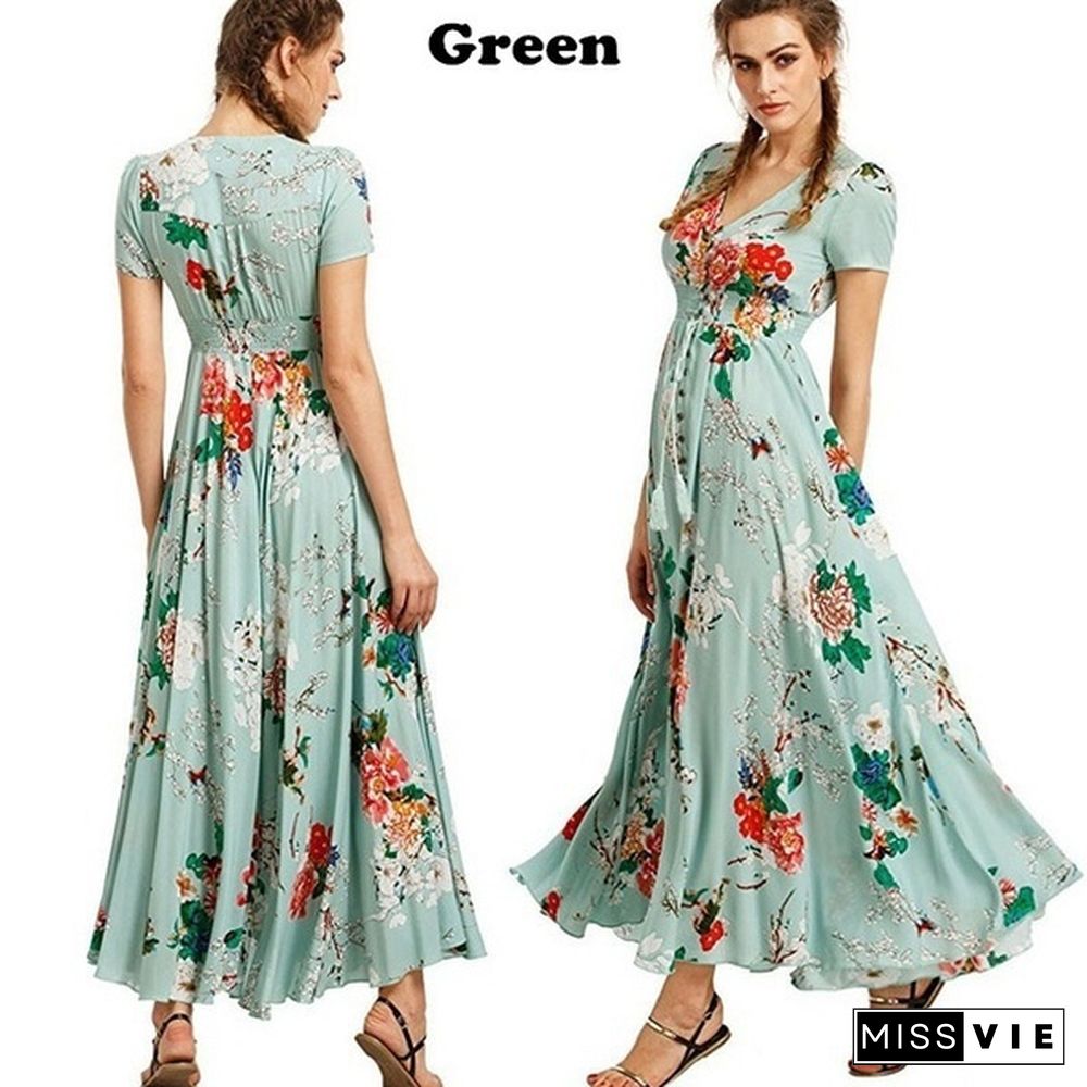 Fashion Bohemian Dress Womens V Neck Floral Print Big Swing Long Dress