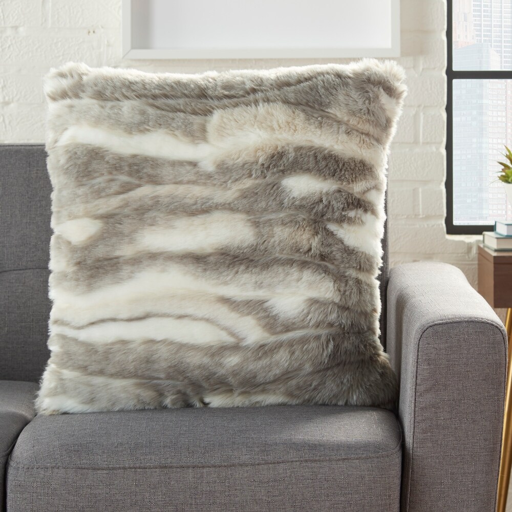 Mina Victory Plush Faux Angora Grey/White Throw Pillow