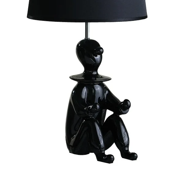 Fabric Shade Table Lamp with Polyresin Sitting Clown Base， Black