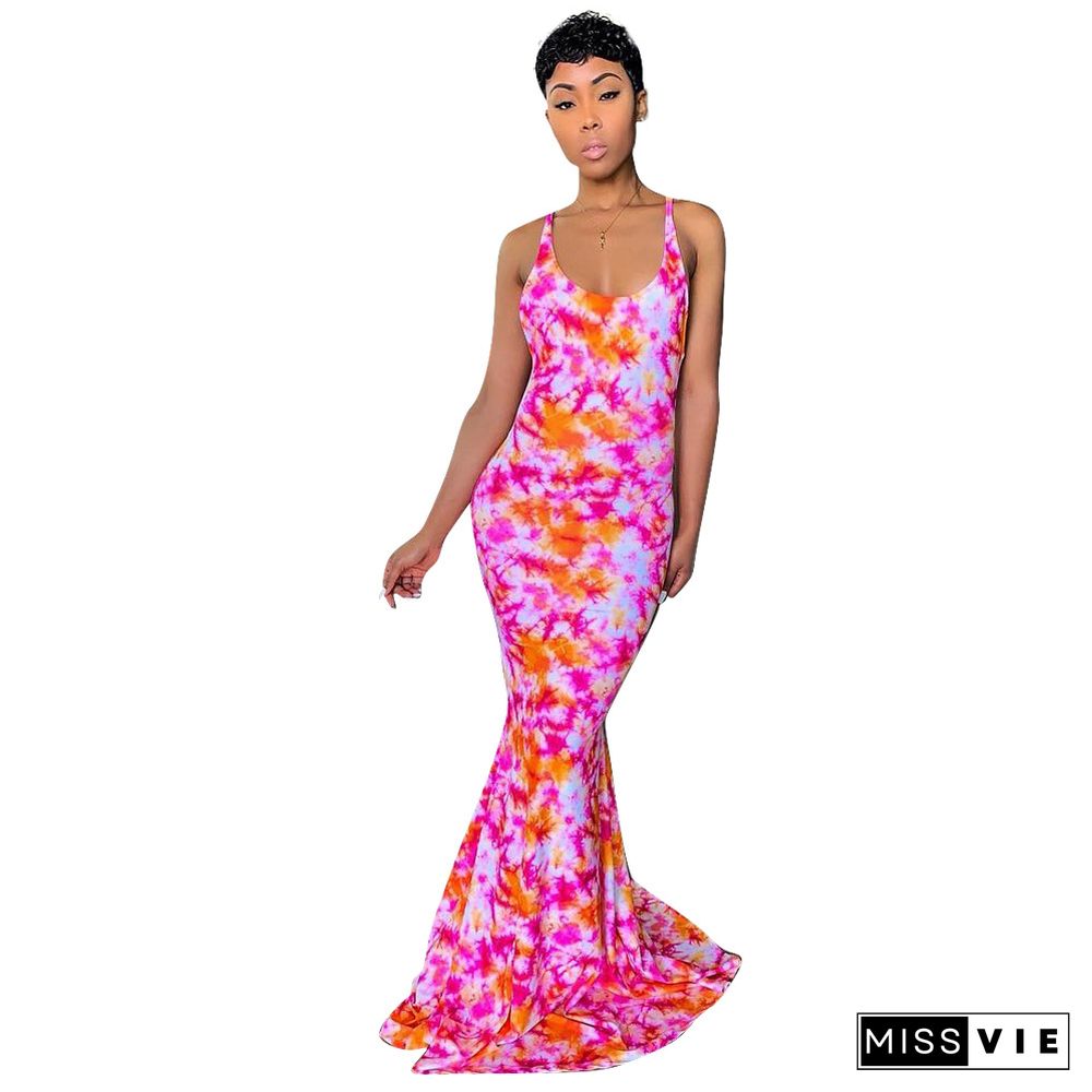 Tie Dye Sleeveless Open Back Floor Length Dresses